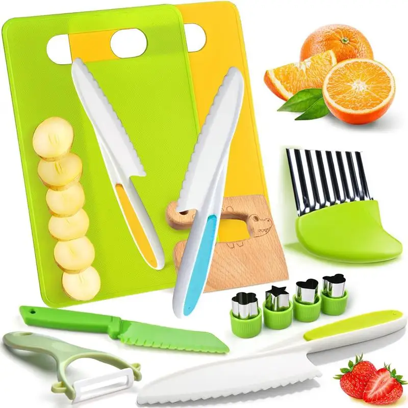 

13PCS Montessori Kitchen Tools for Toddlers Kids Cooking Sets Real Safe Plastic Knives Set for Cooking Knives Crinkle Cutter