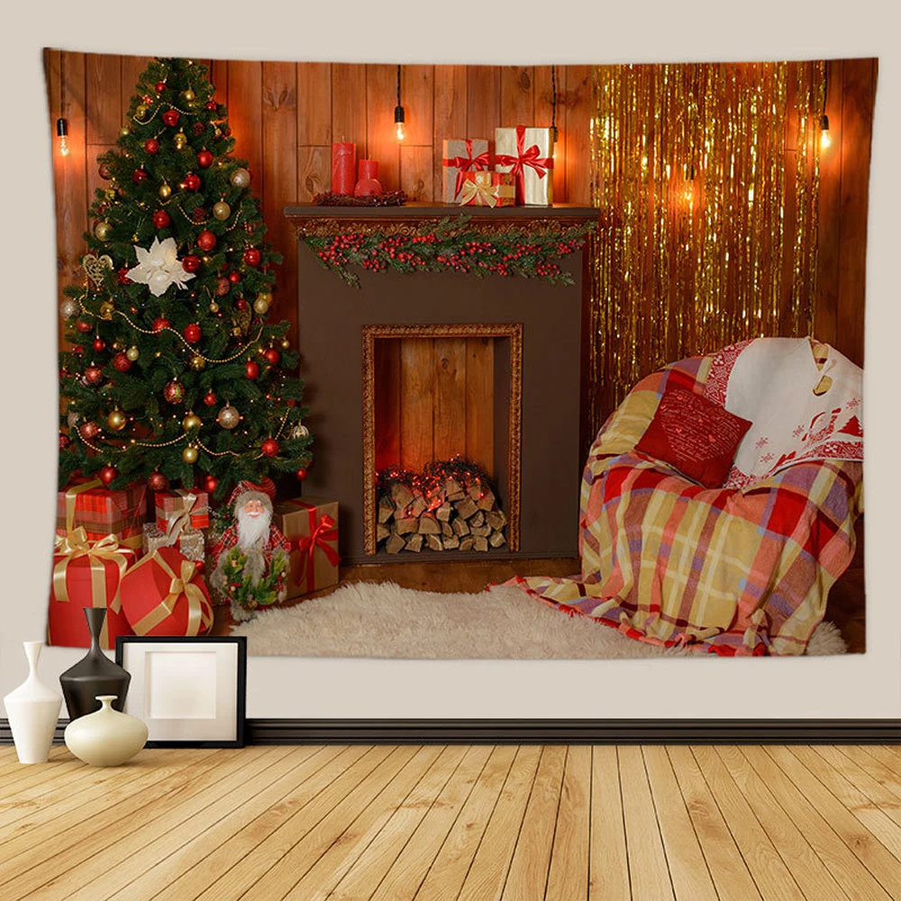 

Fireplace Christmas Tapestry Merry Xmas Happy New Year Winter Fabric Tapestries Bedroom Living Room Dorm Home Decor Wall Hanging