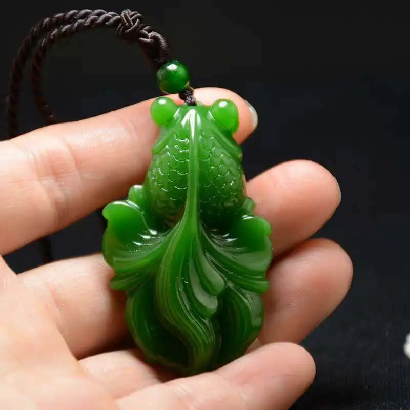 

Natural Jasper Hand Carved Goldfish Pendant Fashion Boutique Jewelry Men's and Women's Emerald Green Necklace