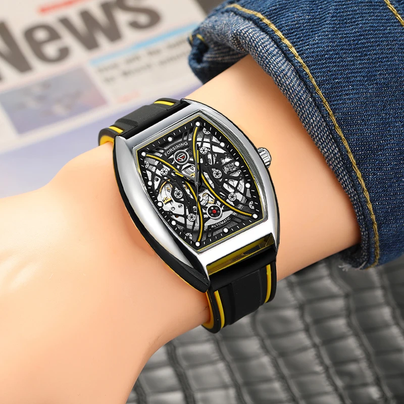 

FORSINING Fashion Men Mechanical Watch Skeleton Self Winding Silver Yellow Wristwatch Rectangle Man Automatic Clock Reloj Hombre