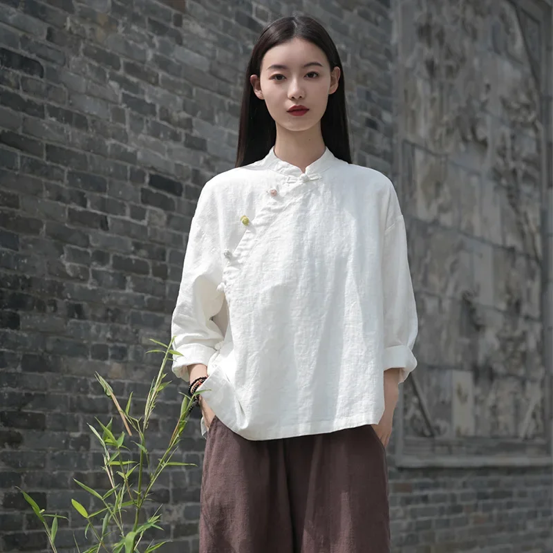 

Cotton Linen Women Clothing Chinese Stand Up Collar Slanted Collar Color Patchwork Button Top Zen Tea Dress