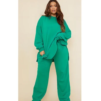 Conjunto de Duas Peças Feminino de Malha com Top de Gola Redonda e Calças Longas 10 Women's Plus Size Casual Sport Matching Set Cargo Pant and Long Hooded Round Neck Two Piece Set Solid Leisure Loose Outfit Set