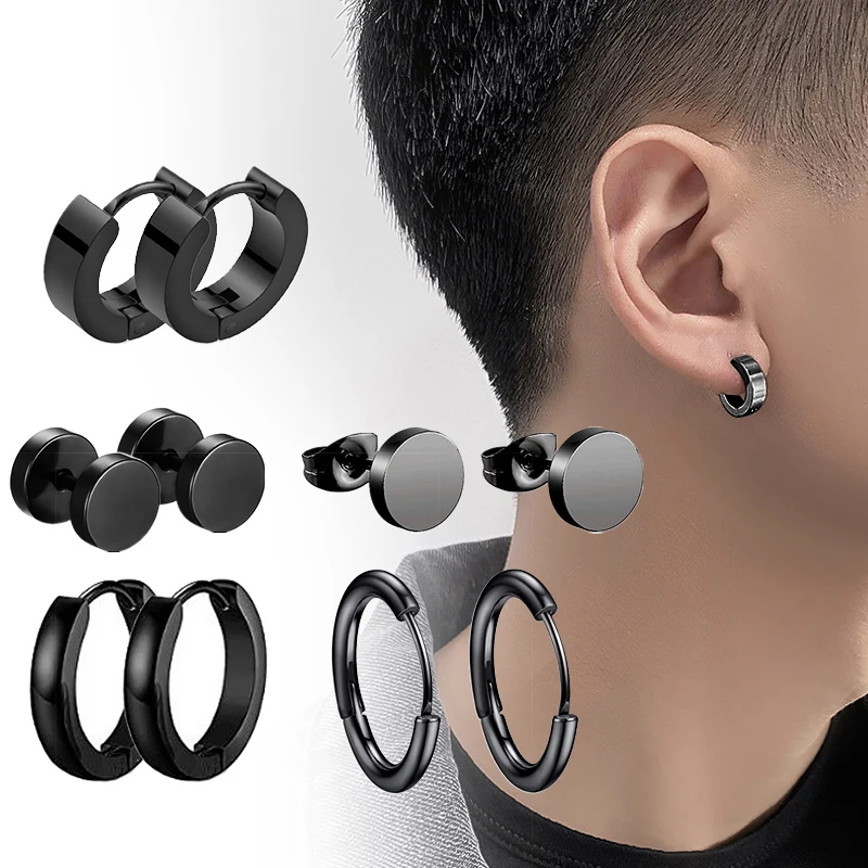 

5 Pairs Black Stainless Steel Earrings Set Unisex Piercing Hoop Earrings for Men Women Gothic Street Pop Hip Hop Circle Earring