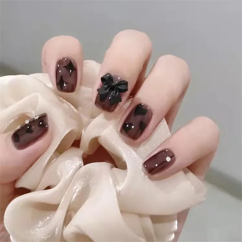 

Short Dark Sweet Cool Love Bow Tie Wearing Women False Nails Student Girl Whitening Nail Patch Finished Product