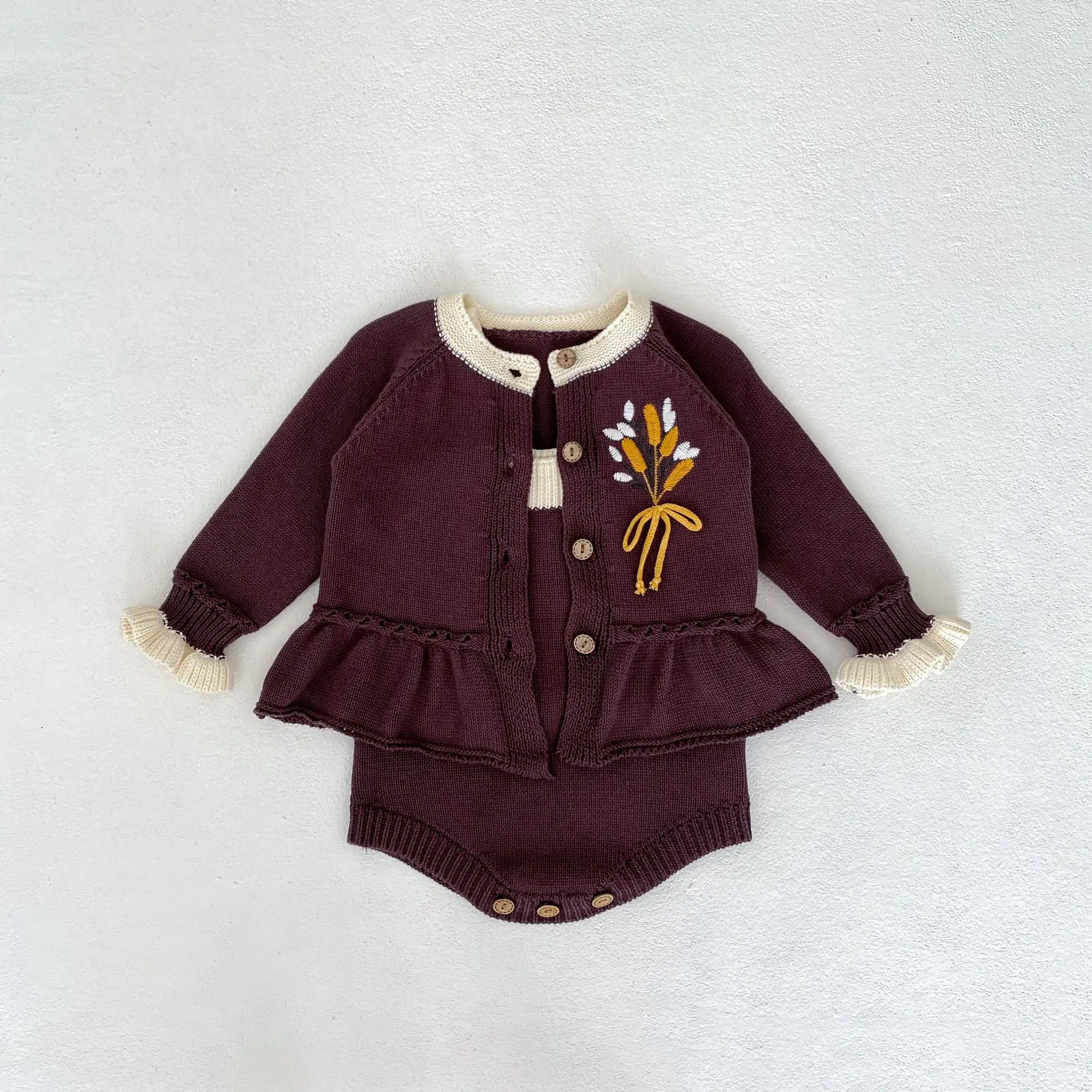 

2024 Spring Kid Girl Embroidery Wheat Ear Flounce Knitted Sweater Boy Baby Retro Suspenders Bodysuit Children Casual Cotton Coat