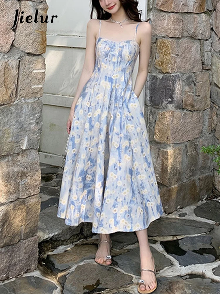 

Jielur Elegant Sleeveless Blue Floral Dress Women Beach Style Korean Fashion Midi Dress Female Summer Holiday Sweet Straps Dress