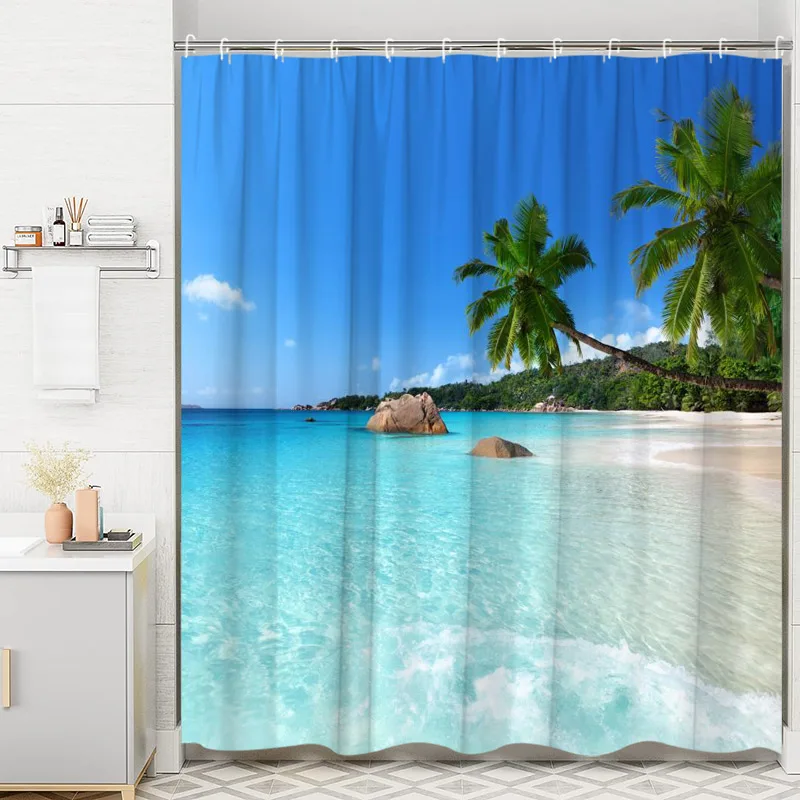 

Ocean Shower Curtain, Seaside Beach Palm Leaf Seascape Mediterranean Sea Waves Summer Sun Starfish Print Bathroom Decoration