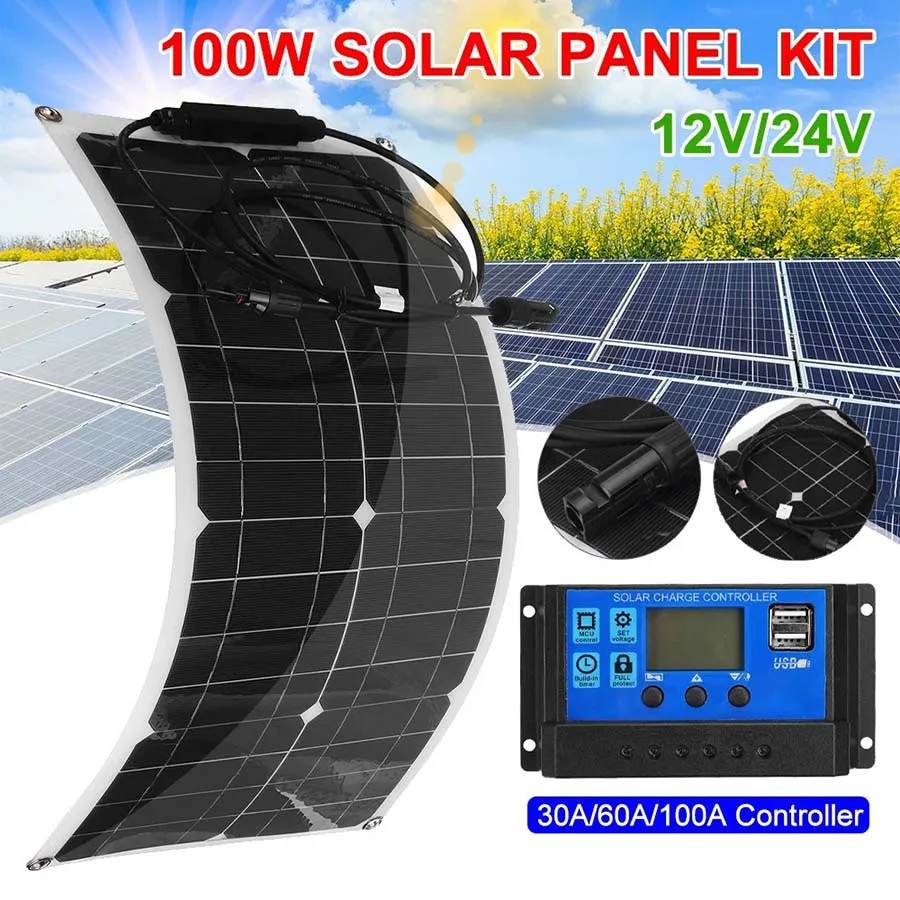 

Flexible Solar Panel Battery Charger Kit 100W Complete 10-60A Controller Solar Cells for Car Yacht RV Boat Moblie Phone Charger