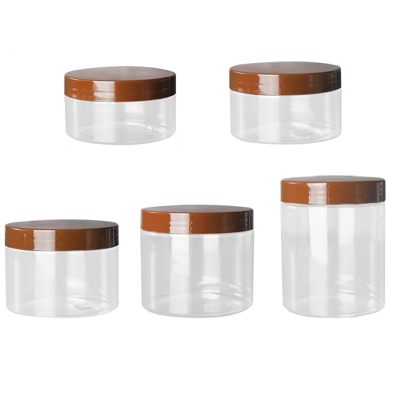 

89Dia. Empty Clear Pot 14Pcs Cosmetic Packaging Container 200ml 250ml 300ml 400ml 500ml Refillable Portable Brown Lid Cream Jars