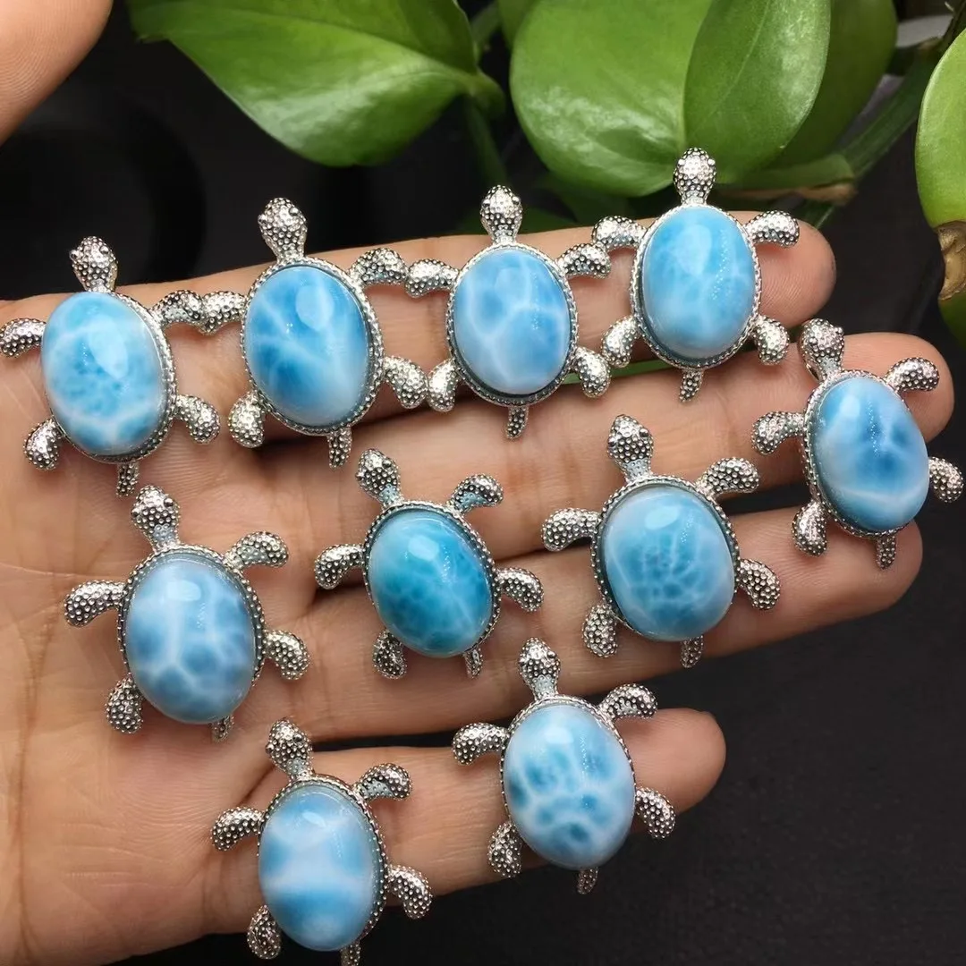 

1Pc Fengbaowu Natural Dominica Larimar Pendant 925 Sterling Silver Cabochon Shape Cute Turtle Tortoise Jewelry Gift Women Men