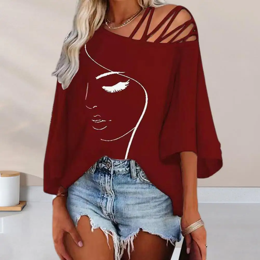

Women Top Soft Stretchy Women Top Fashionable Women's Spring Summer Tops Strappy Skew Collar Blouse Loose Fit Tee Shirt Side