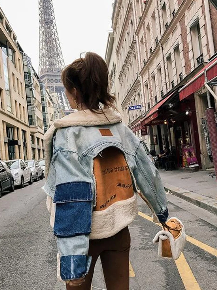 Denim Patchwork Winter Jacket Plush Lamb Wool Lapel Parkas for Women Warm Cold Coat Down Outdoor Fleece Clothing
Denim Patchwork Winter Jacket Plush Lamb Wool Lapel Parkas for Women Warm Cold Coat Down Outdoor Fleece Clothing