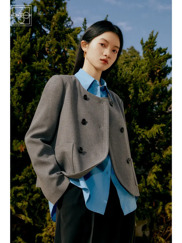 

ZIQIAO Retro Gray Small Suit for Women Design Sense 2023 Spring New Temperament High-end Thin Short Jacket Coat for Female