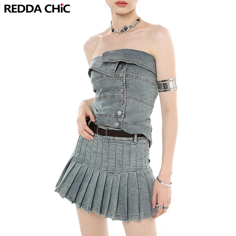 

REDDACHiC Belted Corset Skirt Women 2-piece Set Sexy Slim Fit Stretchy Tube Top with Mini Pleated Skirt Blue Wash Denim Suit