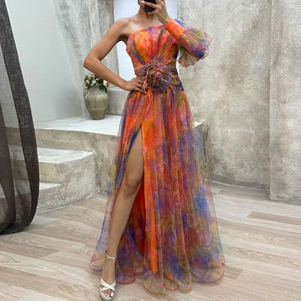 

Chic One Shoulder Floral Printed Dress Women Fashion Split High Waisted Long Dresses Elegant Female 2023 Ladies Party Robes
