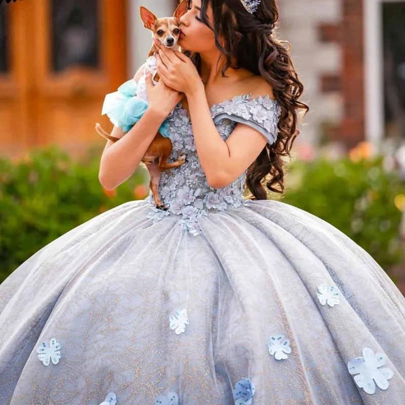 

Quinceanera Dresses 2024 Flower dress Tulle Beading Off The Shoulder Party Dress Appliques Lace Up Court Train Prom Ball Gown