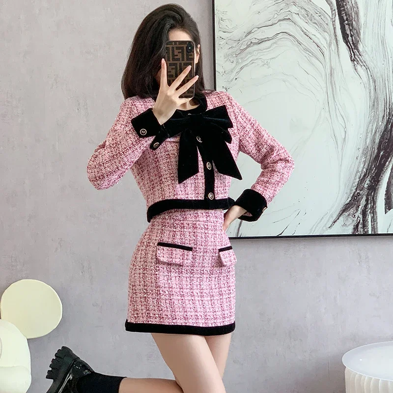 

French Small Fragrance Autumn and Winter Tweed Two Piece Plaid Ladies Bow Short Coat + High Waist Mini Skirt Women Elegant Suit