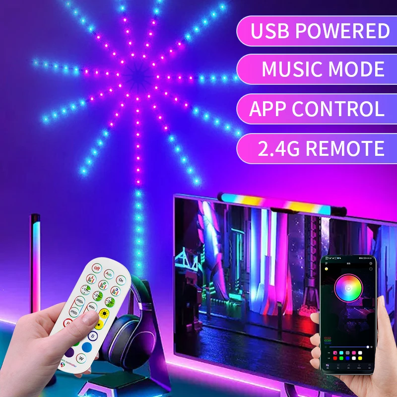 94/156 LED WS2812B Heads Smart Firework LED Strip Light Kit Music Sound Remote Control Neon Lights for New Year Christmas Decor
94/156 LED WS2812B Heads Smart Firework LED Strip Light Kit Music Sound Remote Control Neon Lights for New Year Christmas Decor