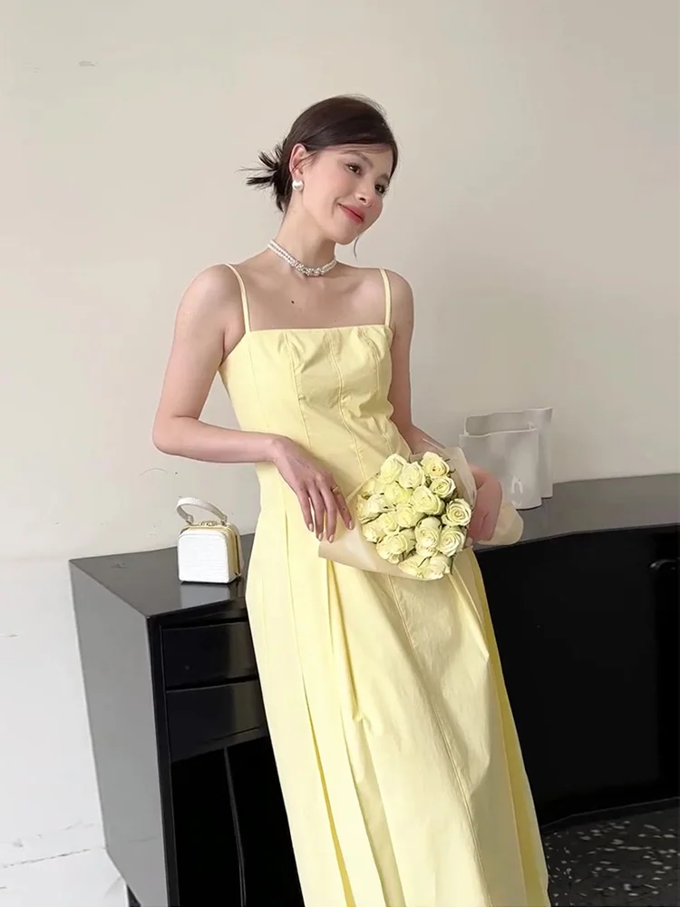 

Yellow suspender dress for women with a sense of luxury Sanya tourism seaside vacation dress, fairy super fairy Sen style long