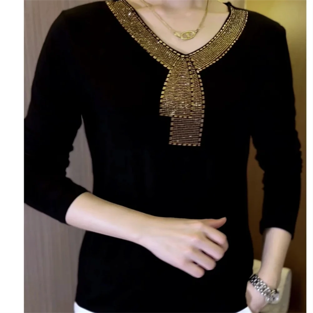 

Fashion Vintage Women Diamond Black T-shirt Spring Autumn Female Clothing Casual Loose Versatile Fleece Thicken Long Sleeve Top