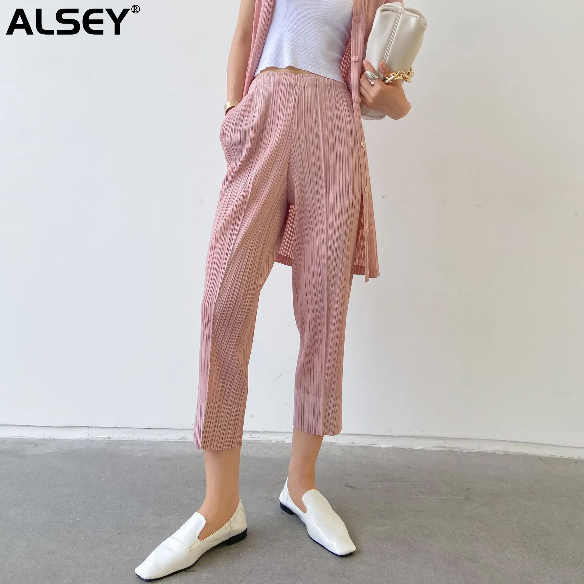 

ALSEY Miyake Pleated Drape Elastic Waist Versatile Trousers Fall Spring Summer New Casual Small Feet Straight Nine-minute Pants
