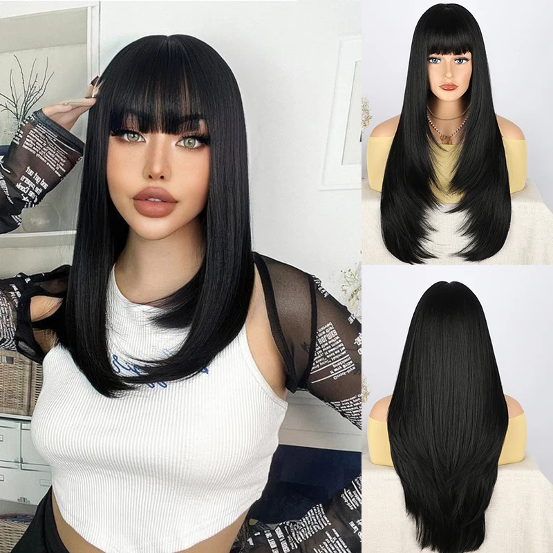 

Dark Black Layered Hair Wig Long Natural Straight Wig with Bangs Ombre Synthetic Heat Resistant Wigs for Women Cospaly Lolita