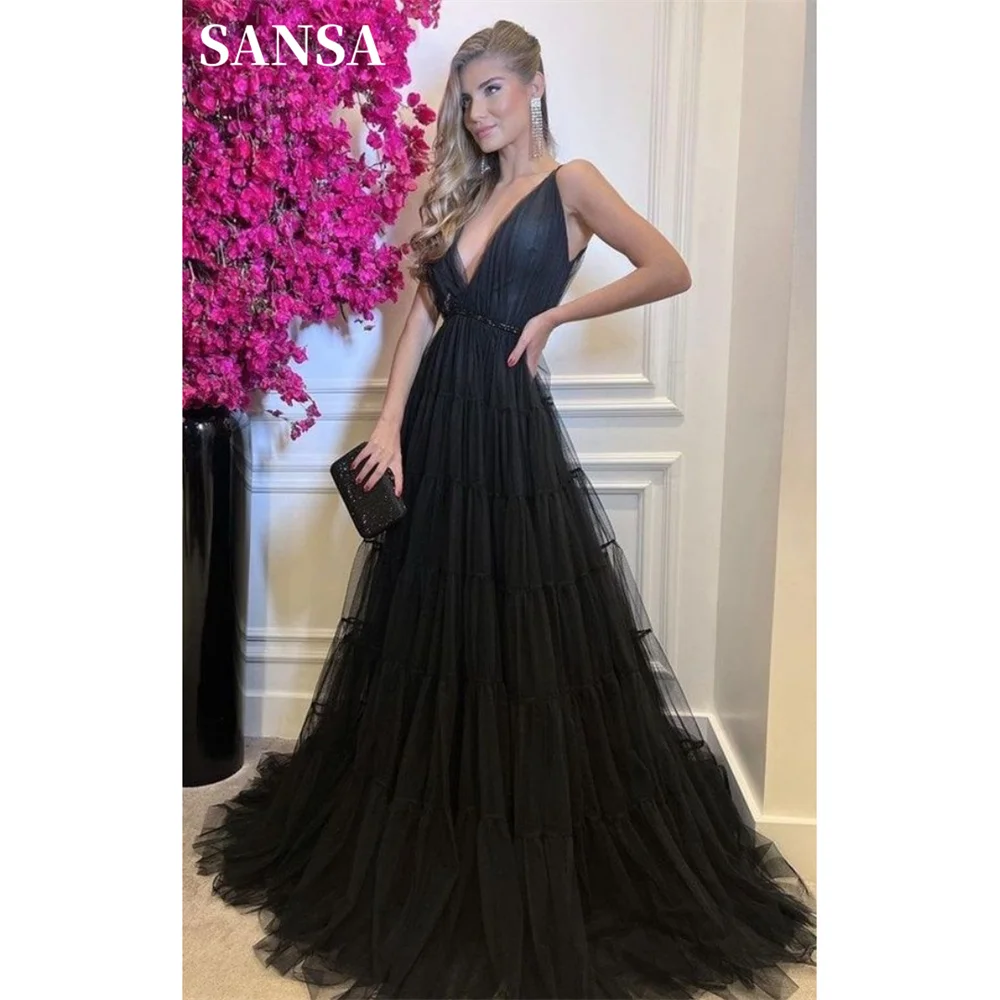 Sansa Black Tulle Prom Dresses Elegant Multilayer Vestidos De Fiesta Sexy Deep V-neck Sleeveless Formal Evening
Sansa Black Tulle Prom Dresses Elegant Multilayer Vestidos De Fiesta Sexy Deep V-neck Sleeveless Formal Evening