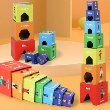 나무 쌓기 상자 장난감 숫자 네스팅 및 분류 컵 블록, 2, 3, 4 세 유아 밸런스 게임, 몬테소리 유치원 장난감