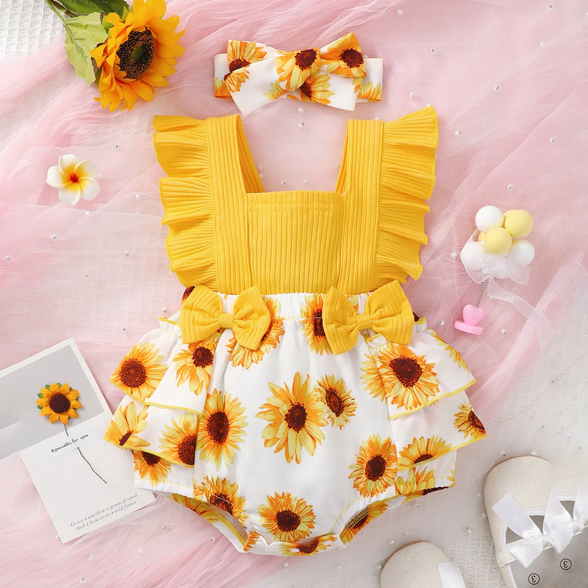 

Summer Toddler Baby Girls Romper Cute Bow Sunflower Print Jumpsuit Infant Fashion Backless One-piece Garment