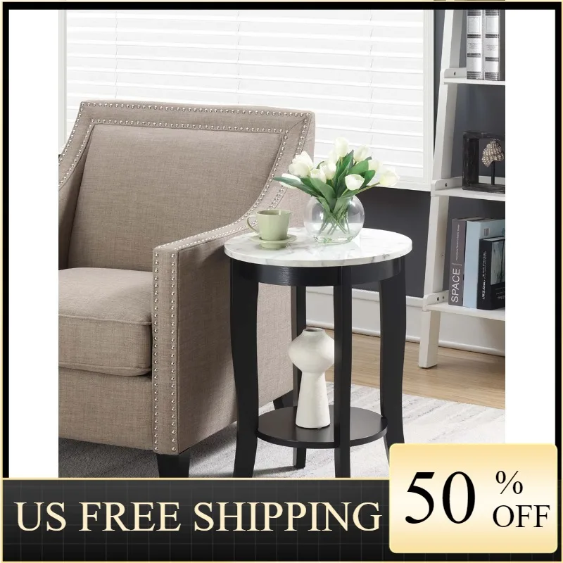 

Convenience Concepts American Heritage Round End Table with Shelf, White Faux Marble/Black End Tables with Shelves