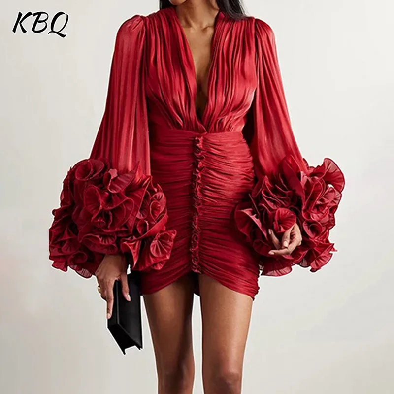 

KBQ Patchwork Appliques Folds Dresses For Women V Neck Puff Sleeve High Waist Slimming Spliced Zipper Solid Mini Dress Female