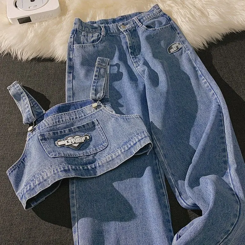 

High Quality Suspender Jeans 2 Piece Set Women Summe Strapless Sling Design Sleeveless Short Tops And Loose Wide Leg Jeans