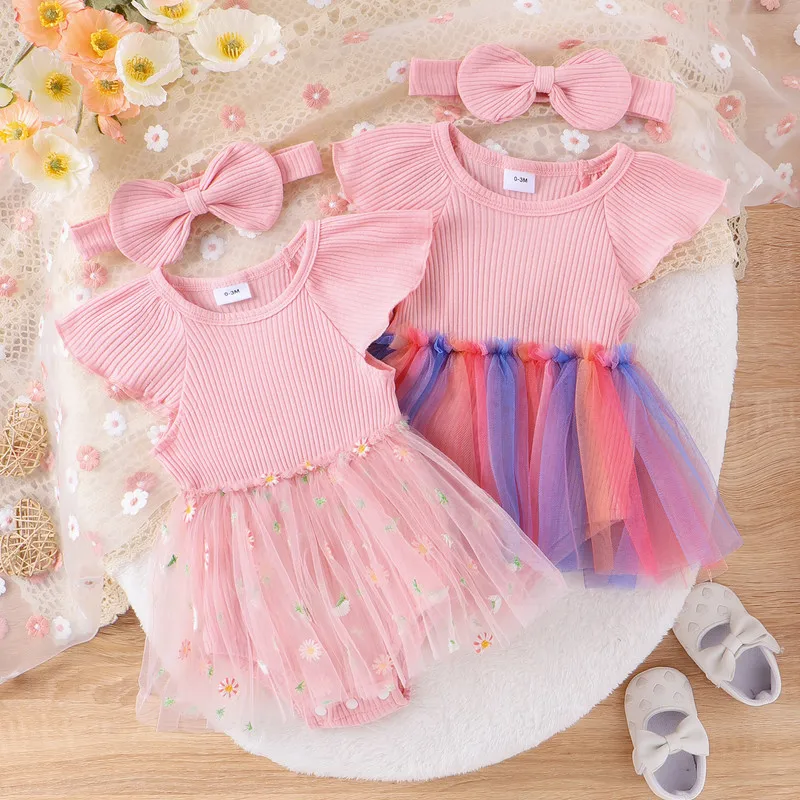 

Baby Girl Bodysuit 2Pcs Summer Outfits Short Sleeve Crew Neck Ribbed Romper Tulle Dress with Headband Set