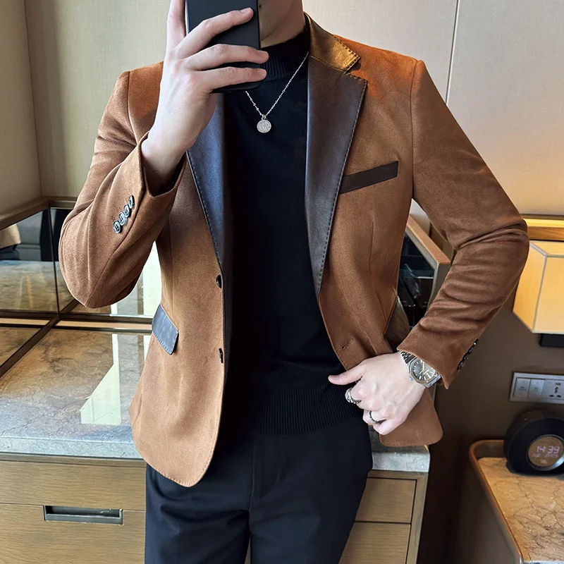 

Suede Leather Stylish Blazers Mens Slim Fit Winter Fall Korean Fashionable Clothing Army Green Smoking Jackets For Men Brown New