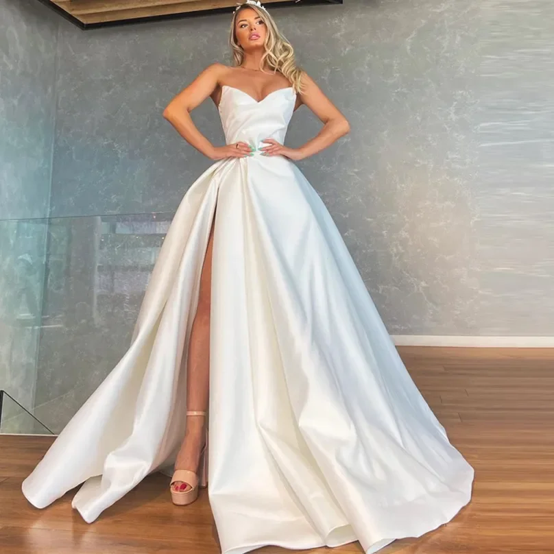 

Elegance Dubai Satin A Line Wedding Dress Bridal Gowns Sweetheart Neck Sweep Train High Side Split Bride Dresses Plus Size