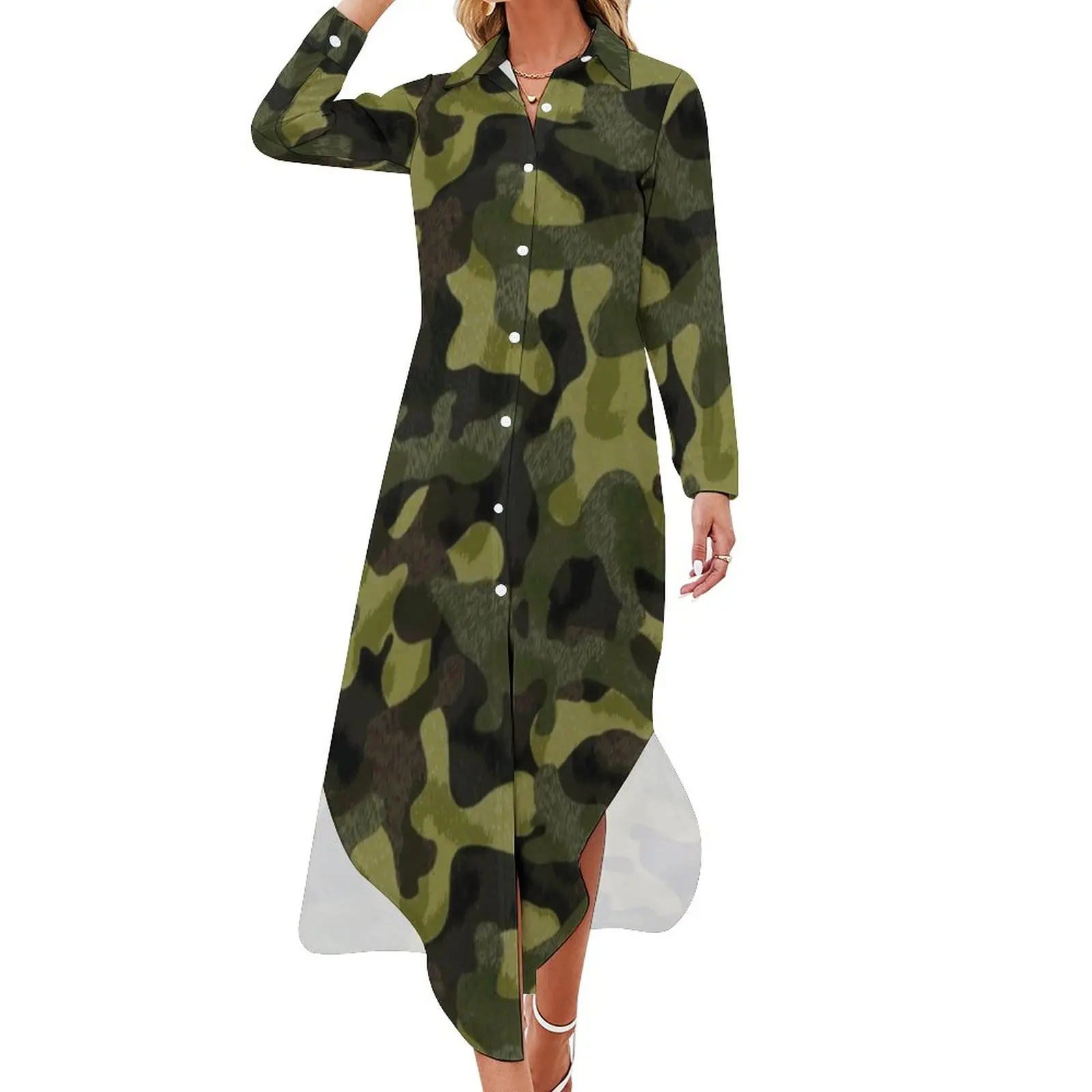 

Camo Print Casual Dress Leopard Spots Streetwear Dresses Long Sleeve Beach Womens V Neck Graphic Big Size Chiffon Dress