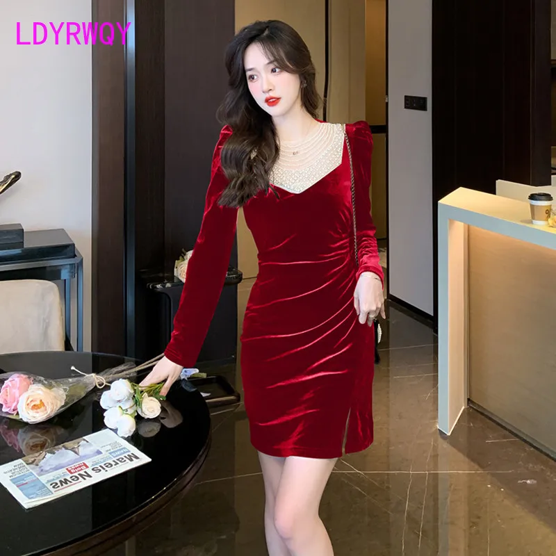 

2023 Autumn and Winter New Style Heavy Industry Nailed Beads Celebrity Style Gold Velvet Dress