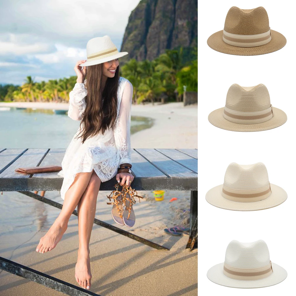 

Men Women Soft Straw Panama Hats Summer Sunhats Middle Brim Caps Sombrero Beach Fedora Trilby Street Travel US Size 7 1/4 UK L