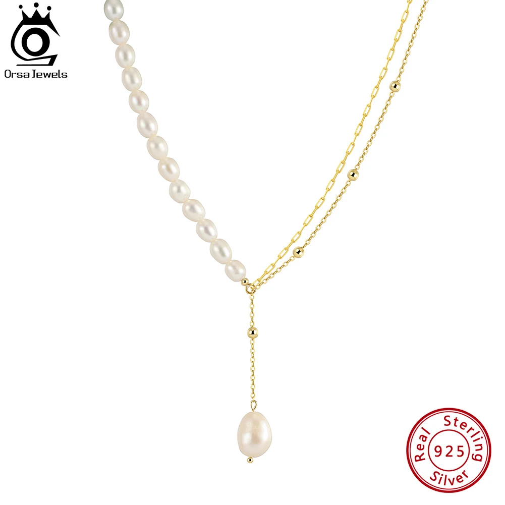 

ORSA JEWELS 14K Gold 925 Sterling Silver Double Layered Chain Natural Freshwater Pearl Pendant Necklace Jewelry for Women GPN54