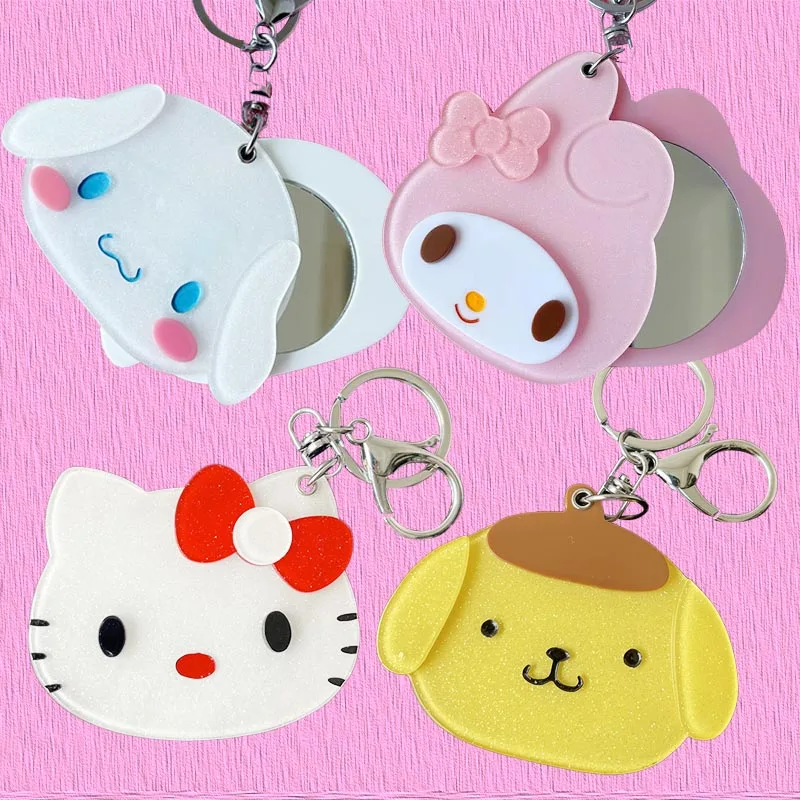

Kawaii Hello Kitty Mini Mirror Keychains Sanrioed My Melody Kuromi Cinnamoroll Sliding Cover Portable Small Mirror Girls Gift