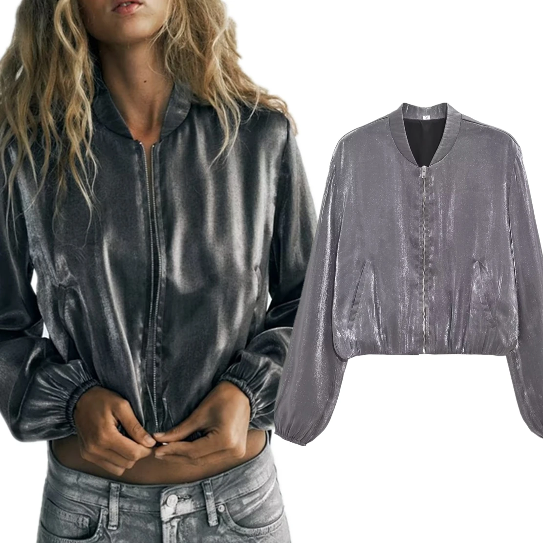Jenny&Dave High Street Retro Autumn British Metallic Silver Zipper Bomber Jacket For Women
Jenny&Dave High Street Retro Autumn British Metallic Silver Zipper Bomber Jacket For Women