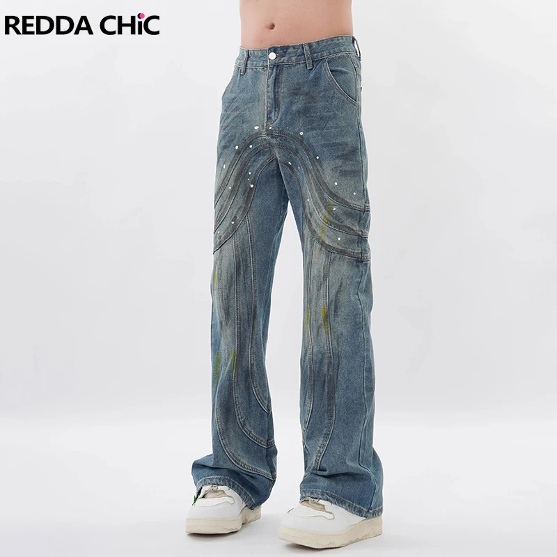 

ReddaChic Line Patchwork Vintage Flare Jeans Men Cleanfit Low Waist Splash Ink Distressed Bootcut Pants Y2k Harajuku Streetwear