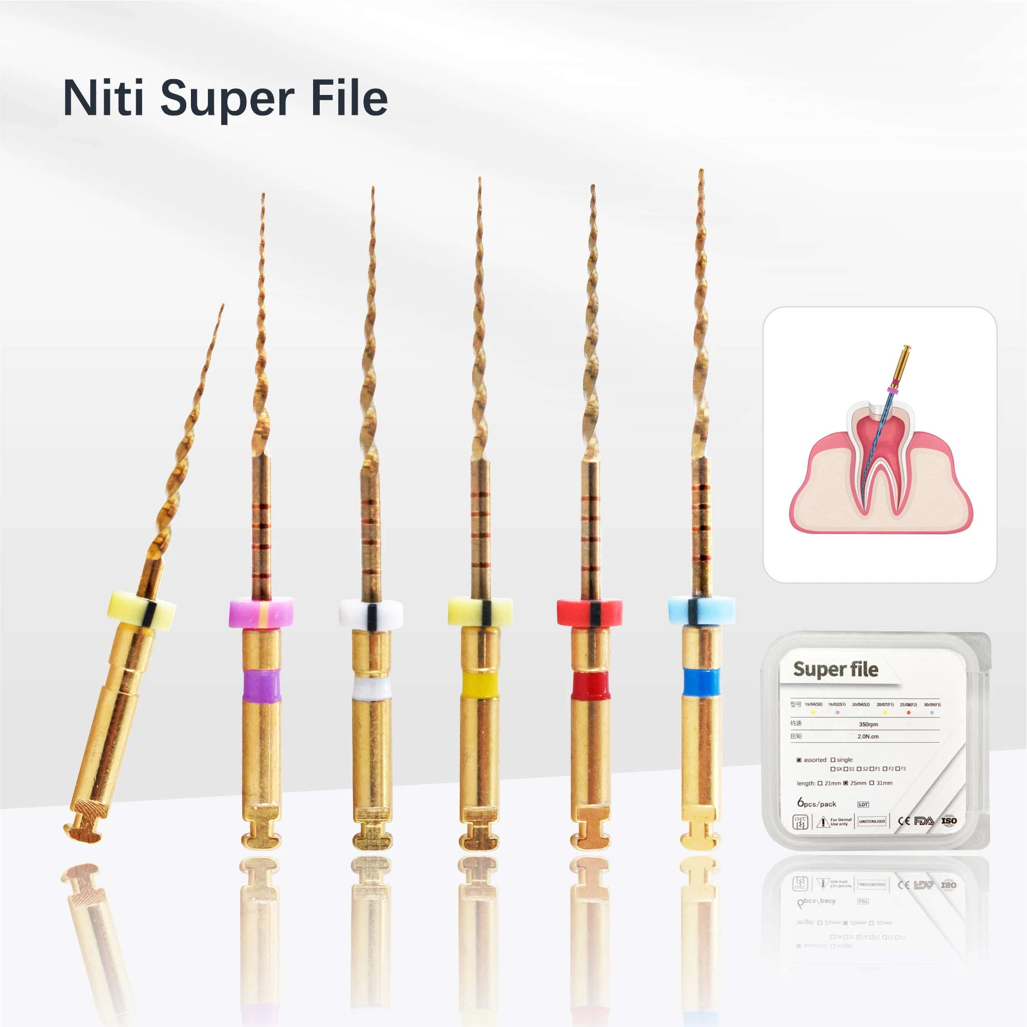 SX-F3 6Pcs Dental Rotary NiTi Super Files 21mm/25mm Engine Use File Gold Rotary Flexible Endondontic Root Canal Dentist Tool
SX-F3 6Pcs Dental Rotary NiTi Super Files 21mm/25mm Engine Use File Gold Rotary Flexible Endondontic Root Canal Dentist Tool