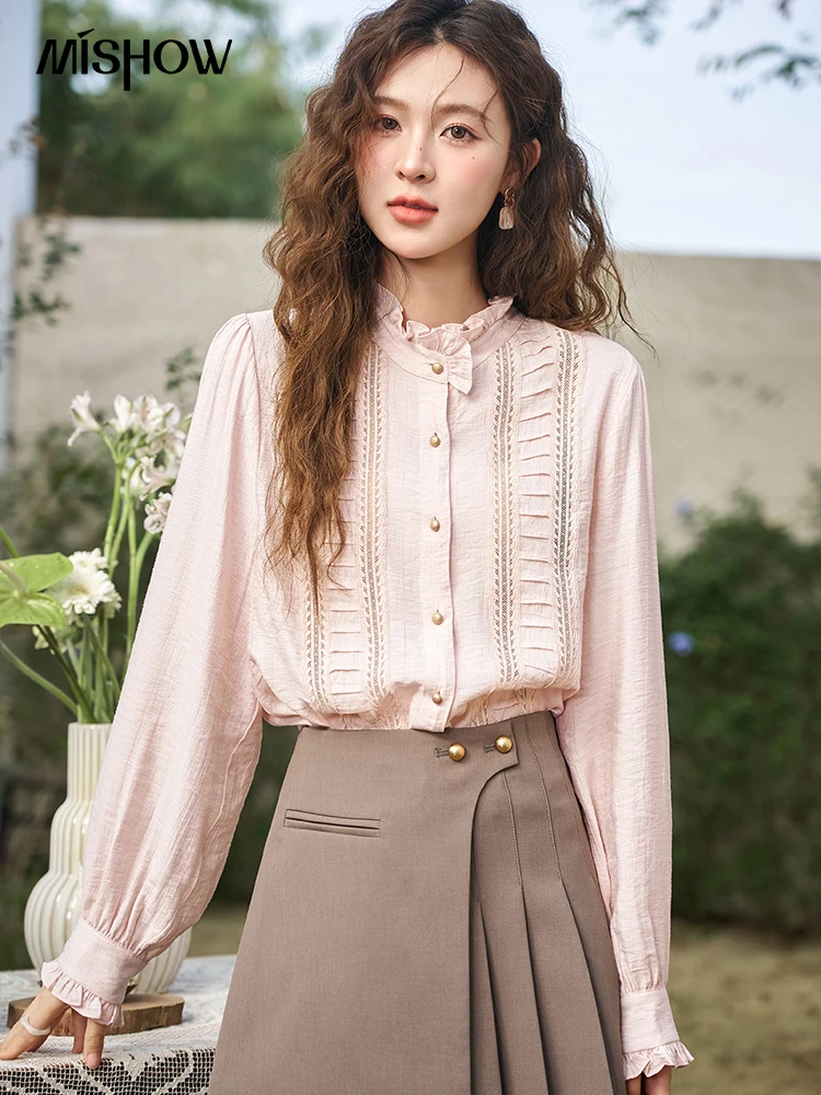 

MISHOW French Retro Patchwork Lace Pink Shirt for Women Spring 2024 Fungus Edge Neck Petal Sleeve Tops Office Lady MXD12C0162