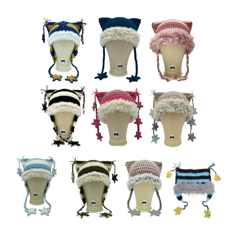 

Girl Cartoon Cat Ear Knit Beanie Hat Y2K-style Party Hat Photo Props Hot Girl Slouchy Crocheted Hat