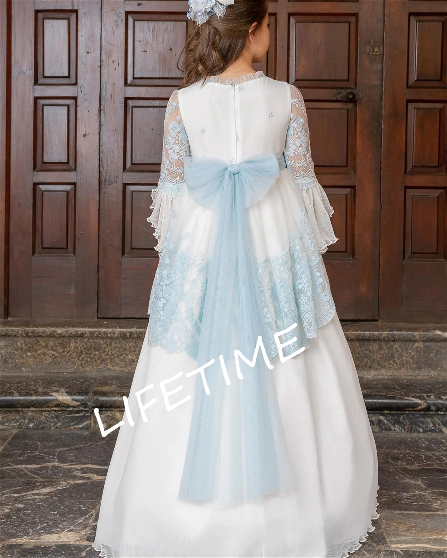 

Flower Girl Dress for Kid Birthday Princess Lace Floral Ribbon Belt Bridemini Ruffle Edge Folds Cotton Wedding Gown