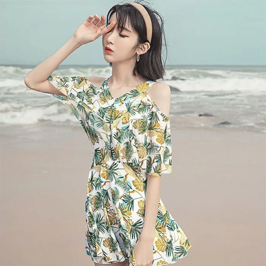 

2023 Flounce V Neckline Korean Swimsuit Skirt Two Piece Set Women Summer Plus Size Swimwear Women Boxer Shorts Swimming Suit New