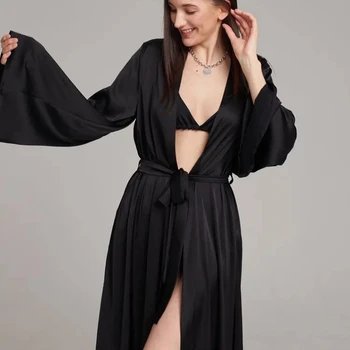 여성용 화이트 블랙 새틴 로브, 나이트 페이그누아 플레어 긴팔 웨딩 드레스, 여성 드레싱 가운, 섹시한 신부 드레스 상품 이미지