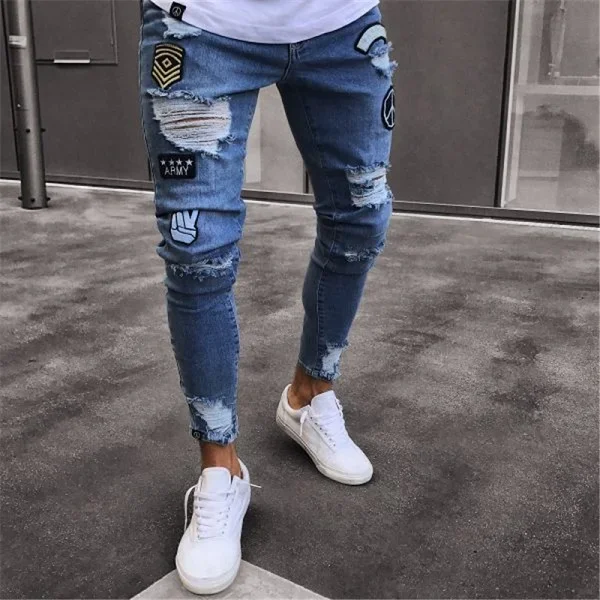 

Men Stretchy Ripped Skinny Biker Embroidery Print Jeans Destroyed Hole Taped Slim Fit Denim Scratched High Quality Jean