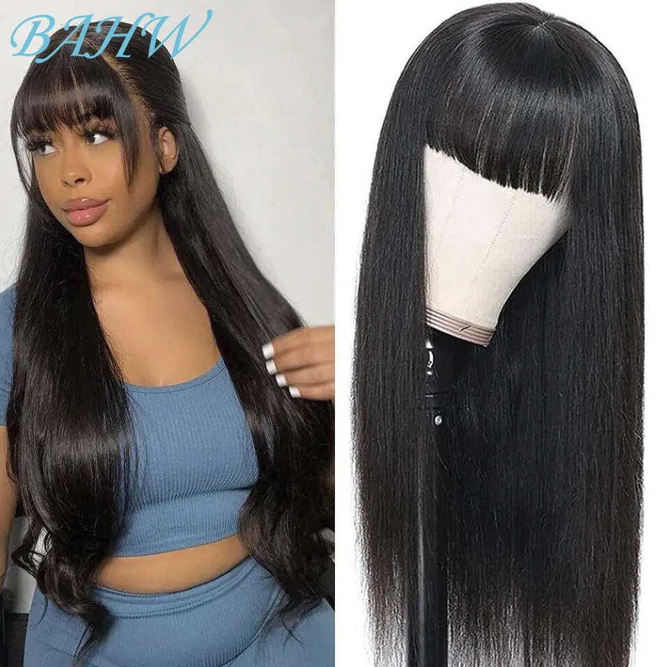 

12A Indian Raw Human Hair Straight Wigs With Bang Full Machine Made Wig Natural Color Glueless Virgin Human Hair Wigs For Women